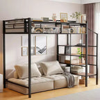 Lit mezzanine en métal pour lits jumeaux avec étagère de rangement supérieure en treillis, cadre de lit en métal robuste avec escalier de rangement pour chambre à coucher ou appartement