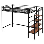 Lit mezzanine en métal pour lits jumeaux avec étagère de rangement supérieure en treillis, cadre de lit en métal robuste avec escalier de rangement pour chambre à coucher ou appartement