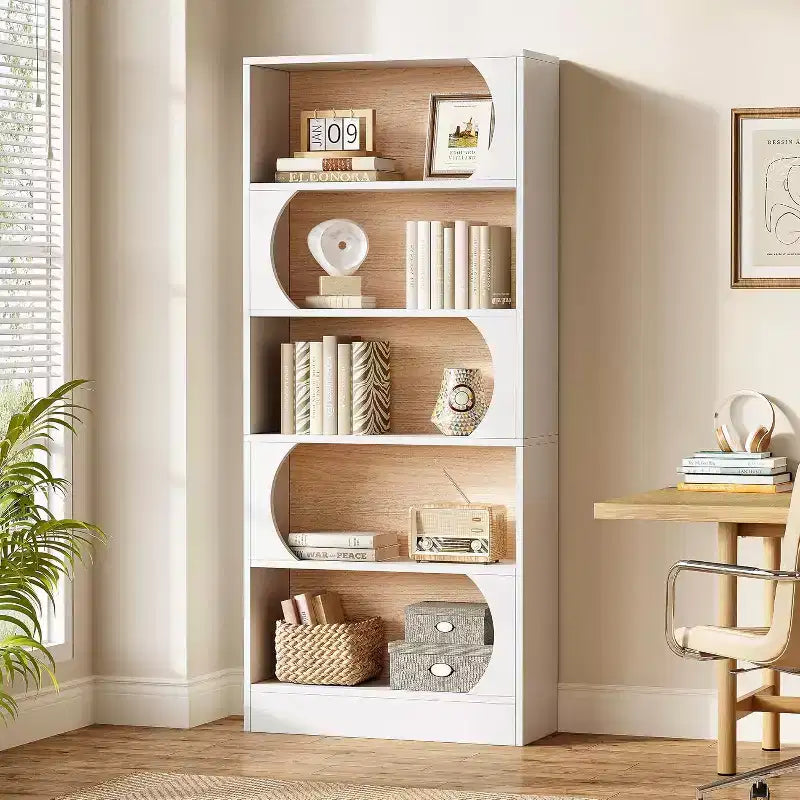 Lantine Étagère Moderne de 180 cm, Bibliothèque Haute à 5 Niveaux avec Rangement, Grande Étagère Ouverte pour Bureau, Maison, Salle de Classe, Blanc et Noyer