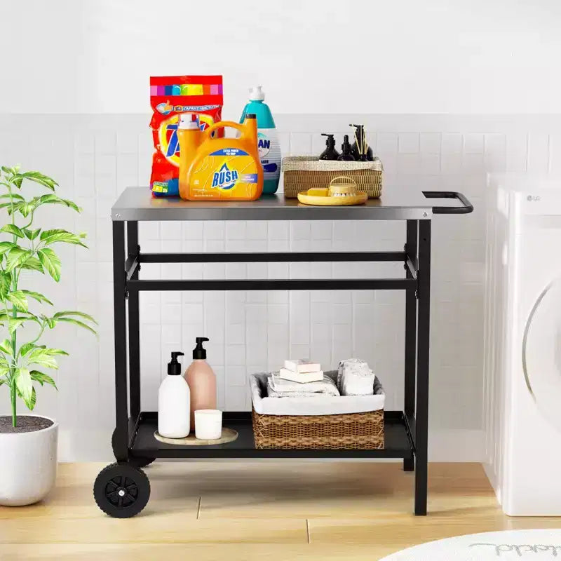 ROVSUN Chariot de salle à manger amélioré pour barbecue, plateau de table en acier inoxydable, îlot de cuisine mobile pour la préparation des aliments en extérieur, four à pizza, accessoires