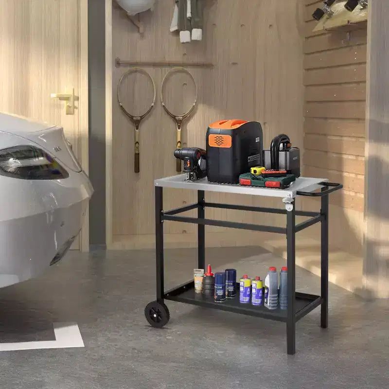 ROVSUN Chariot de salle à manger amélioré pour barbecue, plateau de table en acier inoxydable, îlot de cuisine mobile pour la préparation des aliments en extérieur, four à pizza, accessoires