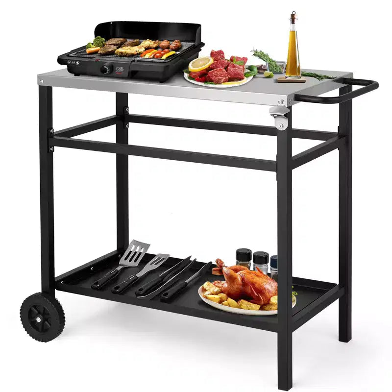 ROVSUN Chariot de salle à manger amélioré pour barbecue, plateau de table en acier inoxydable, îlot de cuisine mobile pour la préparation des aliments en extérieur, four à pizza, accessoires