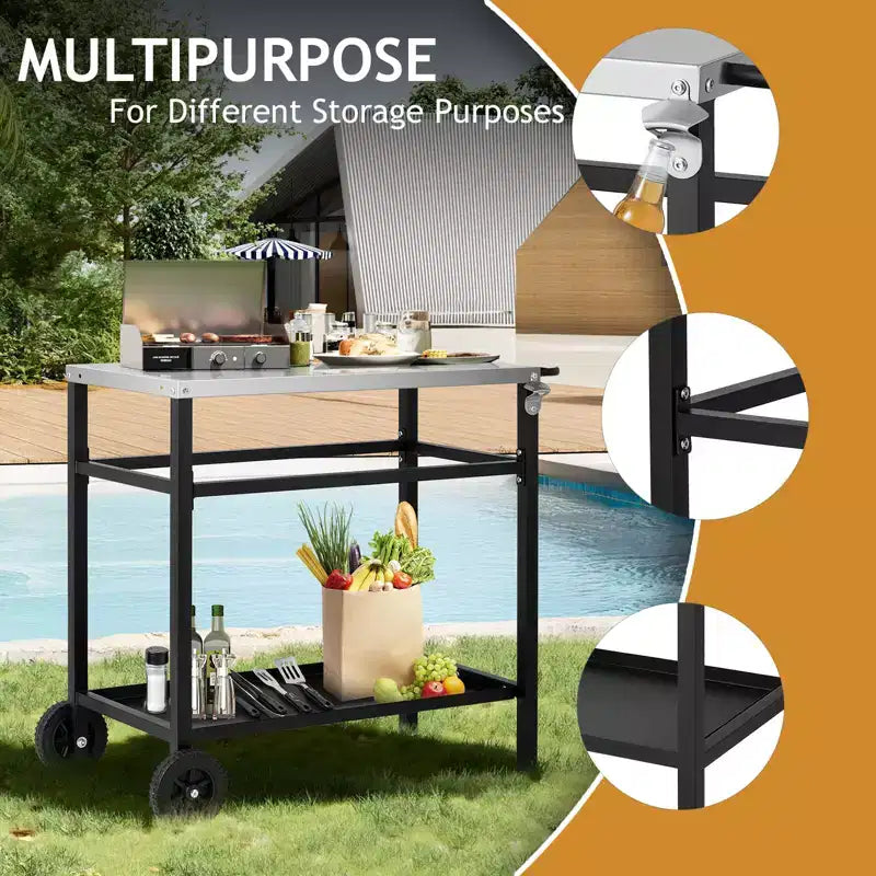 ROVSUN Chariot de salle à manger amélioré pour barbecue, plateau de table en acier inoxydable, îlot de cuisine mobile pour la préparation des aliments en extérieur, four à pizza, accessoires