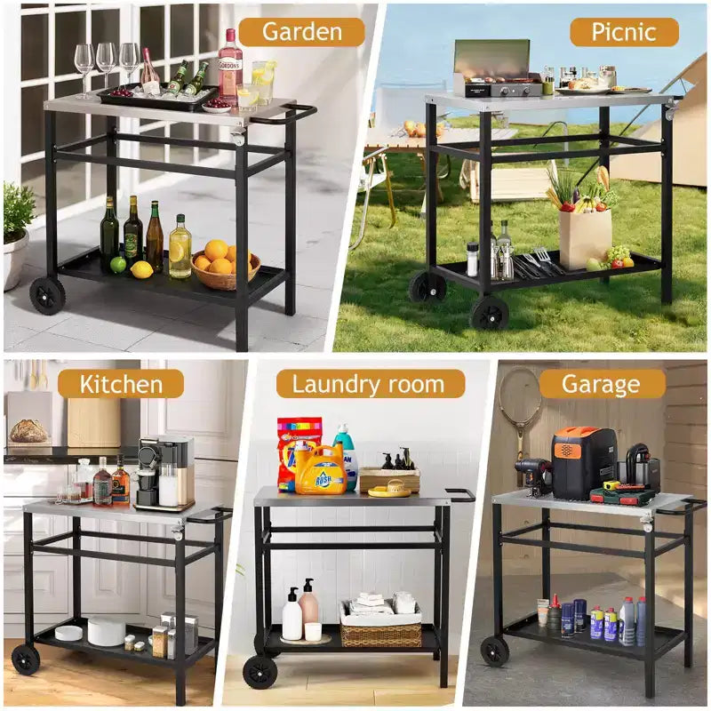 ROVSUN Chariot de salle à manger amélioré pour barbecue, plateau de table en acier inoxydable, îlot de cuisine mobile pour la préparation des aliments en extérieur, four à pizza, accessoires