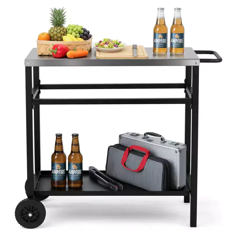 ROVSUN Chariot de salle à manger amélioré pour barbecue, plateau de table en acier inoxydable, îlot de cuisine mobile pour la préparation des aliments en extérieur, four à pizza, accessoires