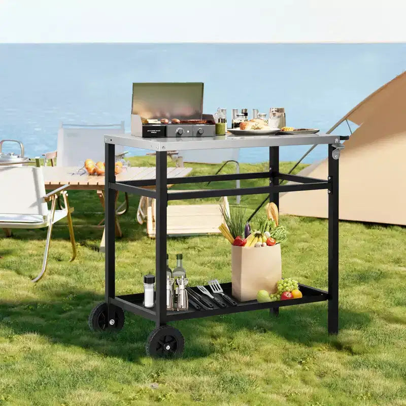 ROVSUN Chariot de salle à manger amélioré pour barbecue, plateau de table en acier inoxydable, îlot de cuisine mobile pour la préparation des aliments en extérieur, four à pizza, accessoires
