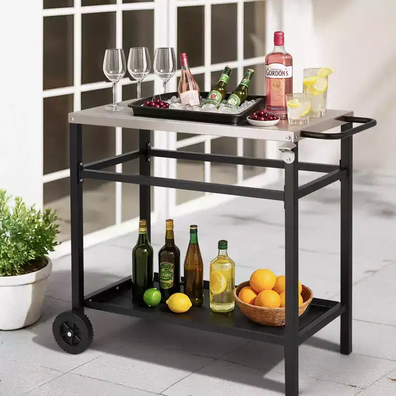 ROVSUN Chariot de salle à manger amélioré pour barbecue, plateau de table en acier inoxydable, îlot de cuisine mobile pour la préparation des aliments en extérieur, four à pizza, accessoires