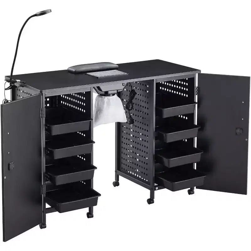 Table de manucure en métal, bureau à ongles avec rangement à double porte, poste de travail professionnel pour salon de beauté