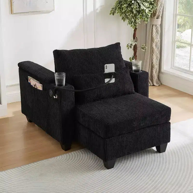 MAYEERTY Canapé-lit convertible en velours côtelé avec ports USB, porte-gobelets et grand espace de rangement pour salon, noir