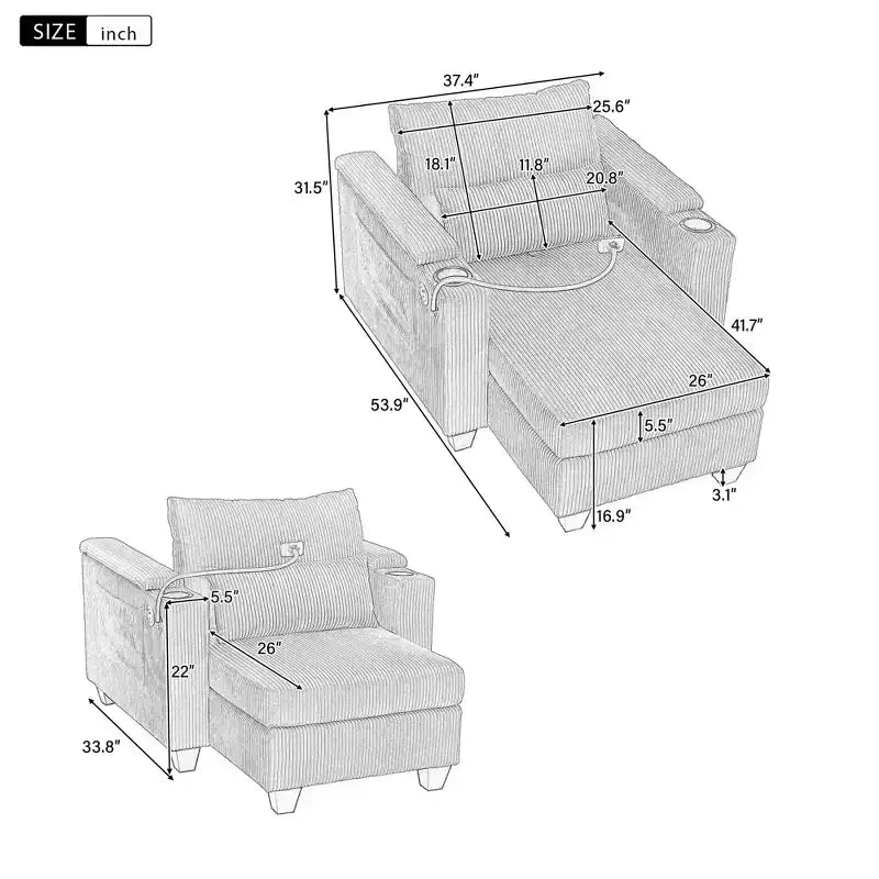 MAYEERTY Canapé-lit convertible en velours côtelé avec ports USB, porte-gobelets et grand espace de rangement pour salon, noir
