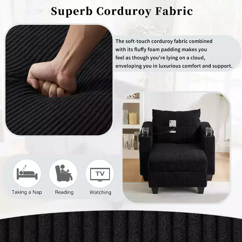 MAYEERTY Canapé-lit convertible en velours côtelé avec ports USB, porte-gobelets et grand espace de rangement pour salon, noir