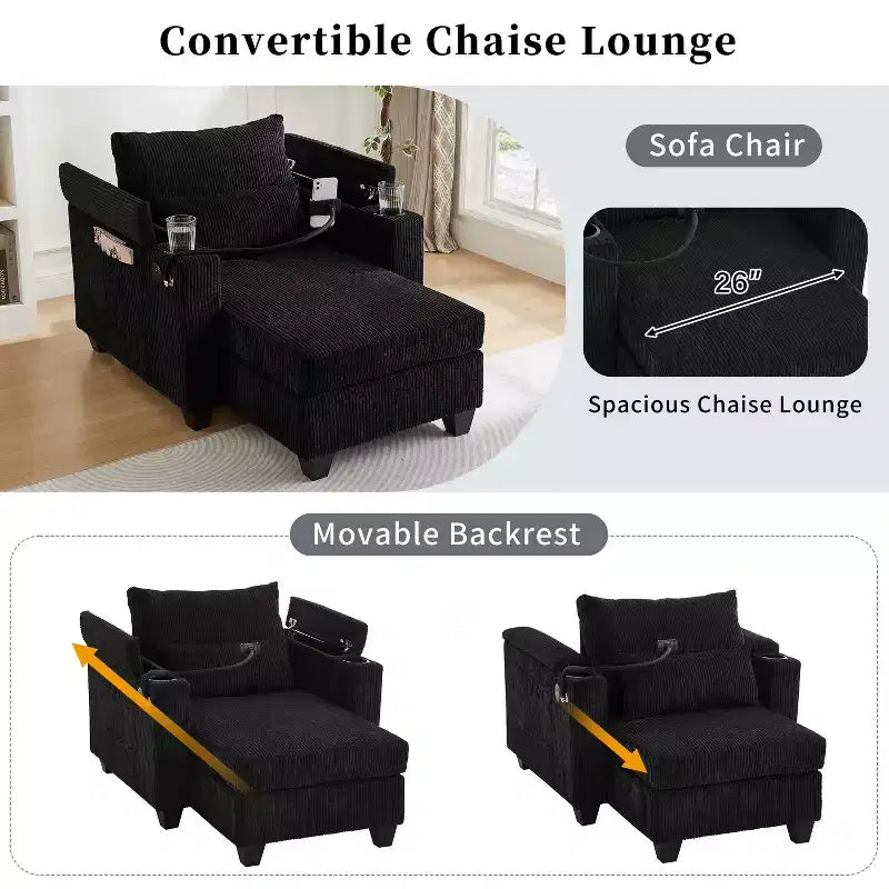 MAYEERTY Canapé-lit convertible en velours côtelé avec ports USB, porte-gobelets et grand espace de rangement pour salon, noir
