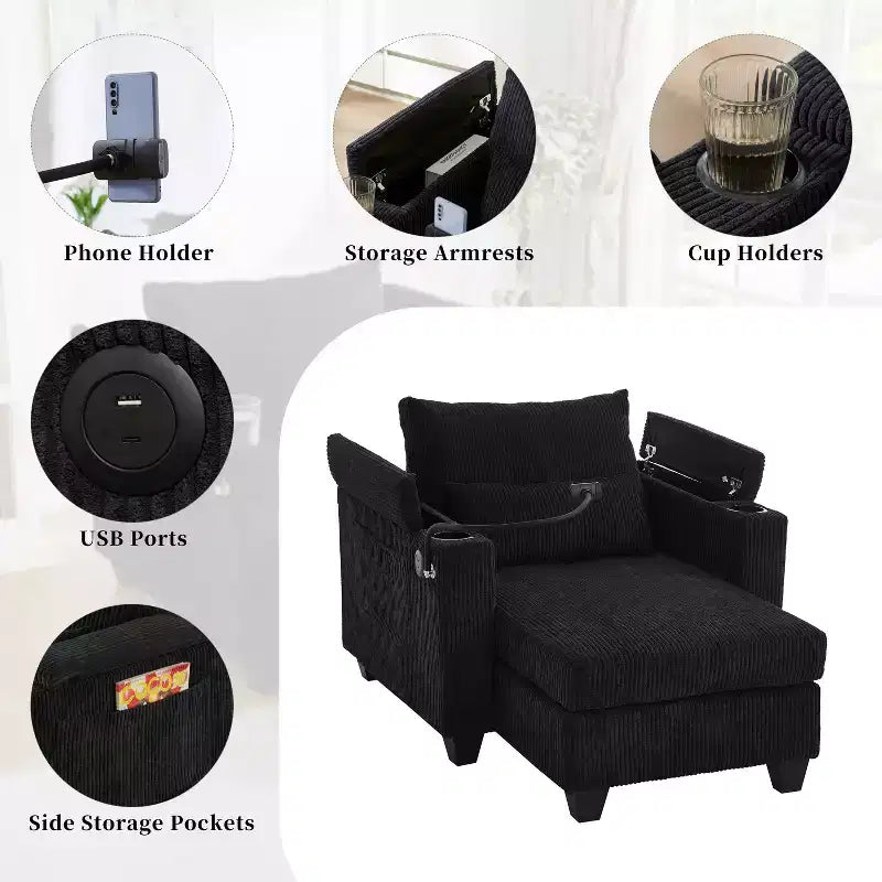 MAYEERTY Canapé-lit convertible en velours côtelé avec ports USB, porte-gobelets et grand espace de rangement pour salon, noir