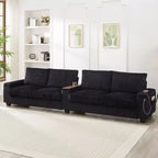 MAYEERTY Canapé 4 places en velours côtelé 133 Canapé moderne avec ports Accoudoirs de rangement dissimulés Porte-gobelets rabattables pour salon Noir