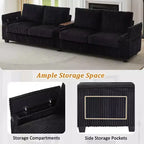 MAYEERTY Canapé 4 places en velours côtelé 133 Canapé moderne avec ports Accoudoirs de rangement dissimulés Porte-gobelets rabattables pour salon Noir