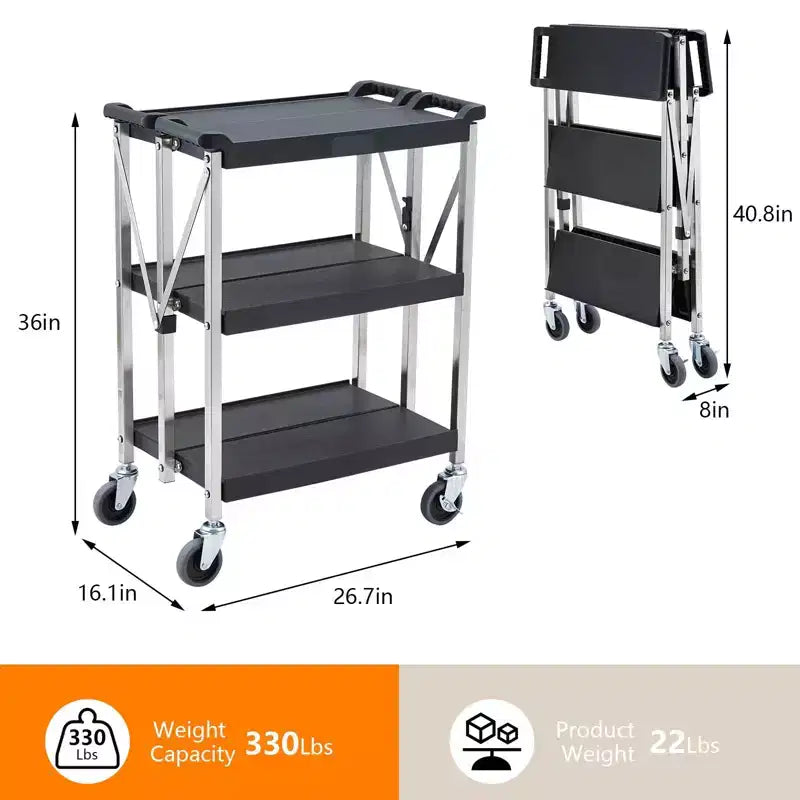 Petit diable pliable, chariot portable noir avec corps en PP et cadre en acier inoxydable, chariot utilitaire compact pour le transport