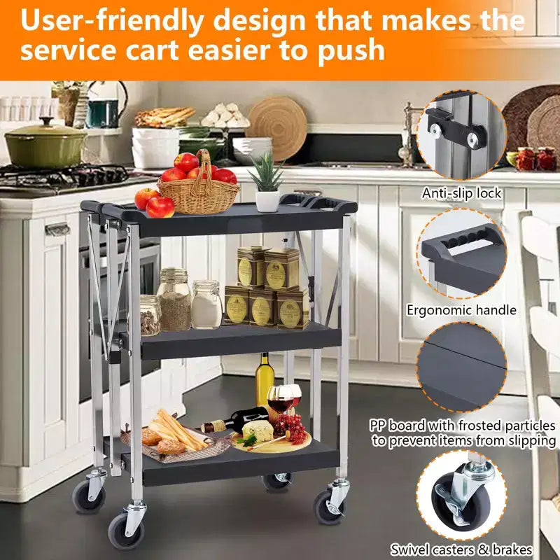 Petit diable pliable, chariot portable noir avec corps en PP et cadre en acier inoxydable, chariot utilitaire compact pour le transport
