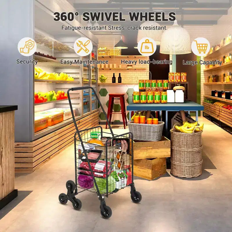 Chariot de courses pliable avec panier de 83 litres, capacité de 50 kg, caddie léger et portable sur roues pour le marché, les courses et la lessive