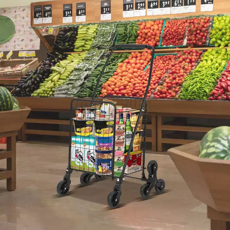 Chariot de courses pliable avec panier de 83 litres, capacité de 50 kg, caddie léger et portable sur roues pour le marché, les courses et la lessive