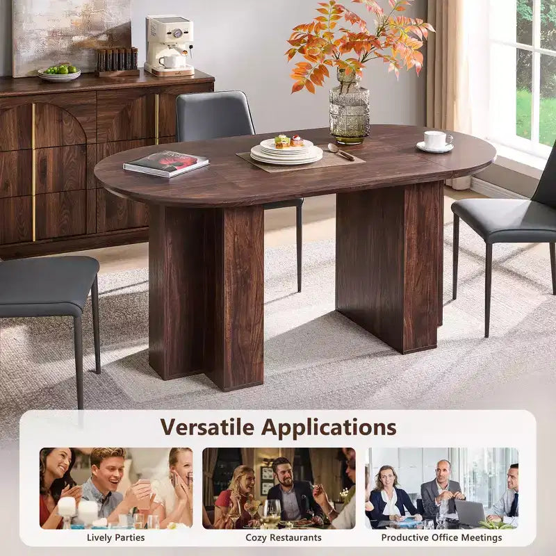 Table à manger ovale de 63 po pour 6 à 8 personnes, base en T moderne, surface en grain de bois résistante aux rayures pour salle à manger, cuisine et salon