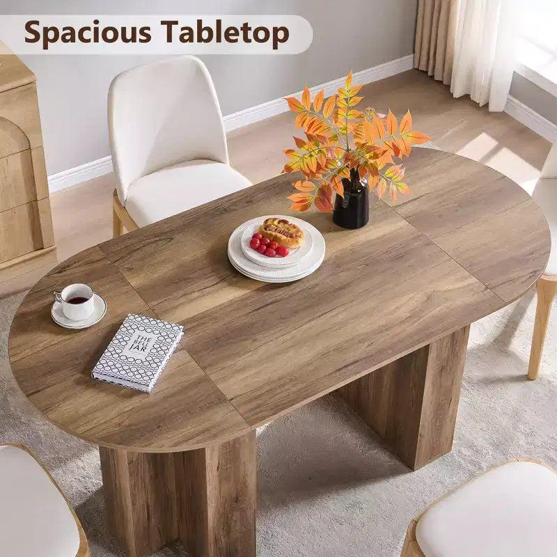 Table à manger ovale de 63 po pour 6 à 8 personnes, base en T moderne, surface en grain de bois résistante aux rayures pour salle à manger, cuisine et salon