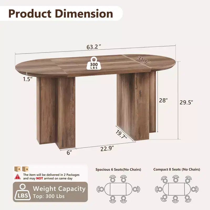 Table à manger ovale de 63 po pour 6 à 8 personnes, base en T moderne, surface en grain de bois résistante aux rayures pour salle à manger, cuisine et salon