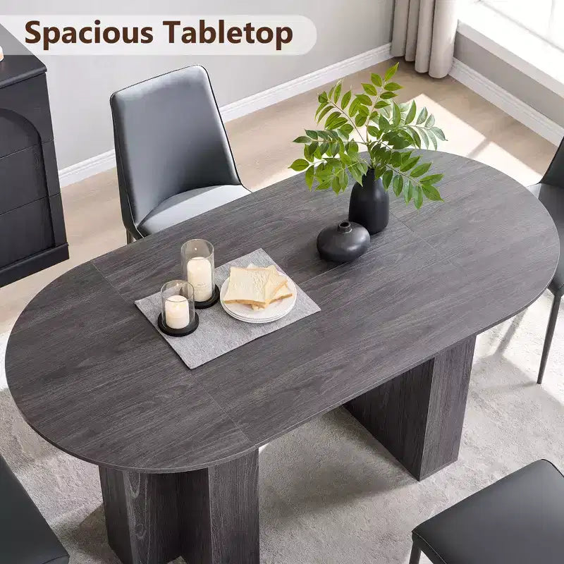 Table à manger ovale de 63 po pour 6 à 8 personnes, base en T moderne, surface en grain de bois résistante aux rayures pour salle à manger, cuisine et salon
