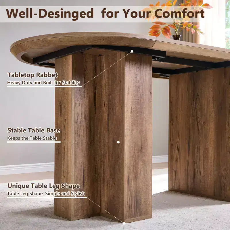 Table à manger ovale de 63 po pour 6 à 8 personnes, base en T moderne, surface en grain de bois résistante aux rayures pour salle à manger, cuisine et salon