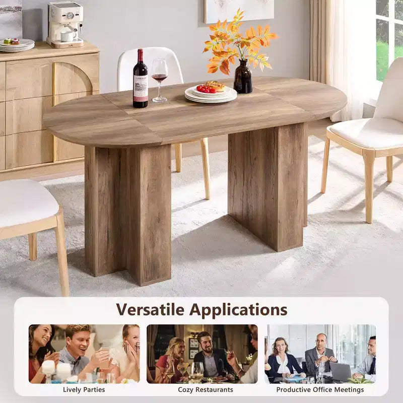 Table à manger ovale de 63 po pour 6 à 8 personnes, base en T moderne, surface en grain de bois résistante aux rayures pour salle à manger, cuisine et salon