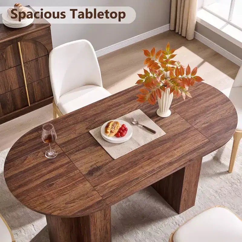 Table à manger ovale de 63 po pour 6 à 8 personnes, base en T moderne, surface en grain de bois résistante aux rayures pour salle à manger, cuisine et salon
