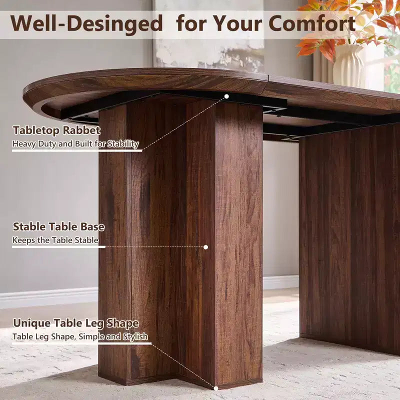 Table à manger ovale de 63 po pour 6 à 8 personnes, base en T moderne, surface en grain de bois résistante aux rayures pour salle à manger, cuisine et salon