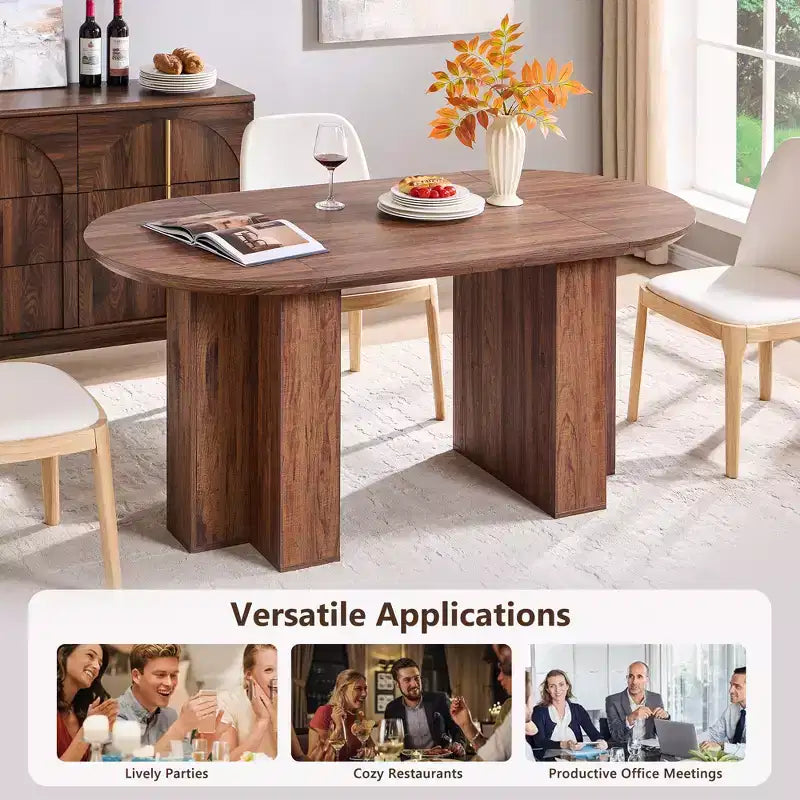Table à manger ovale de 63 po pour 6 à 8 personnes, base en T moderne, surface en grain de bois résistante aux rayures pour salle à manger, cuisine et salon