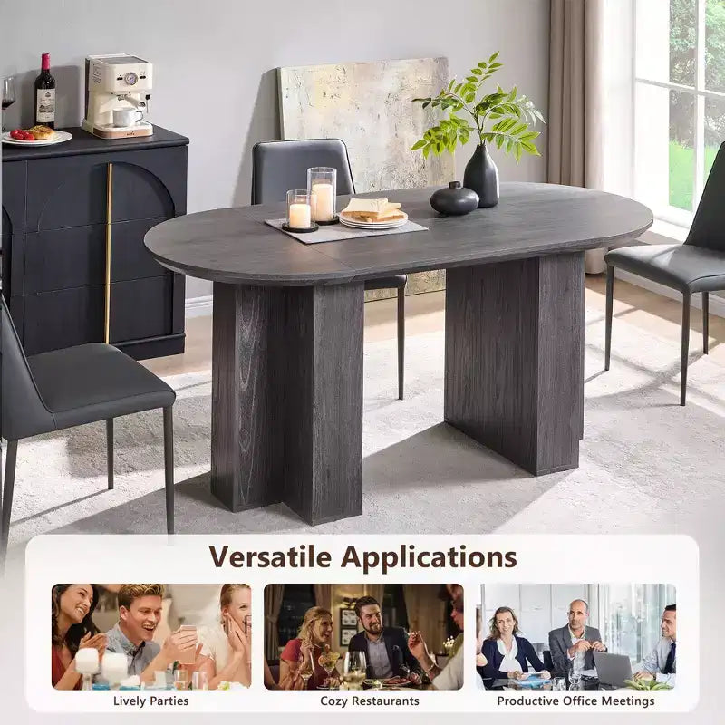 Table à manger ovale de 63 po pour 6 à 8 personnes, base en T moderne, surface en grain de bois résistante aux rayures pour salle à manger, cuisine et salon