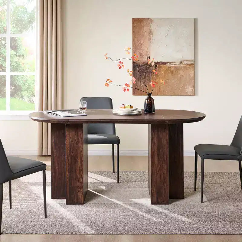 Table à manger ovale de 63 po pour 6 à 8 personnes, base en T moderne, surface en grain de bois résistante aux rayures pour salle à manger, cuisine et salon