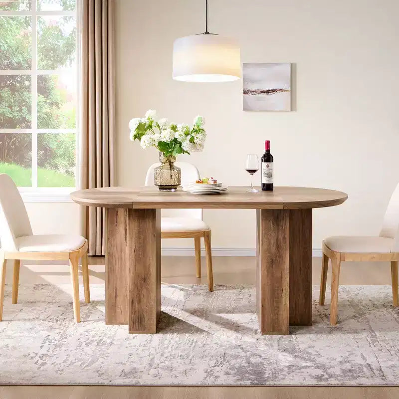 Table à manger ovale de 63 po pour 6 à 8 personnes, base en T moderne, surface en grain de bois résistante aux rayures pour salle à manger, cuisine et salon
