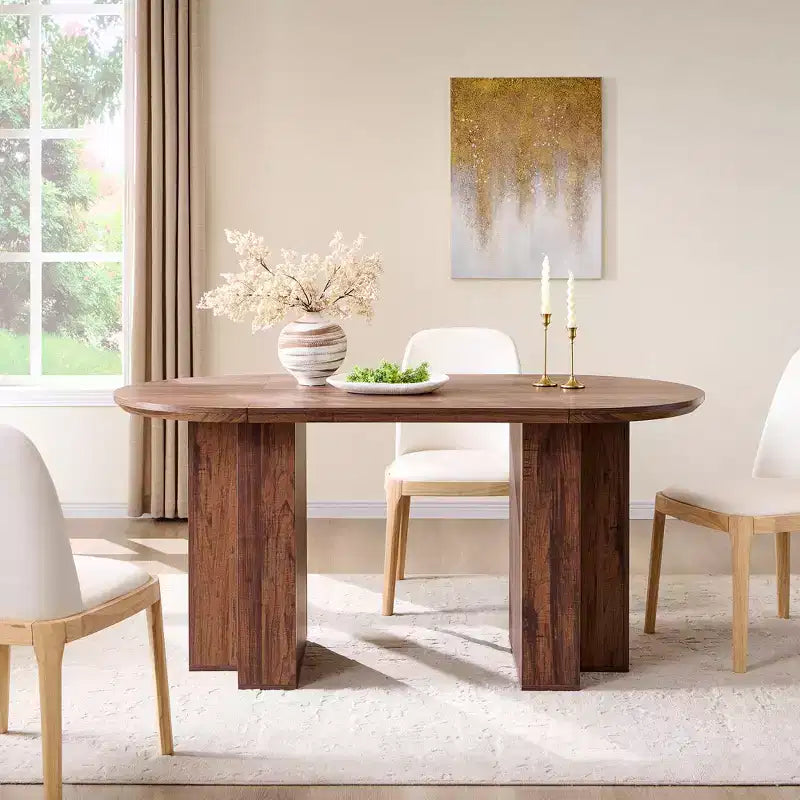Table à manger ovale de 63 po pour 6 à 8 personnes, base en T moderne, surface en grain de bois résistante aux rayures pour salle à manger, cuisine et salon