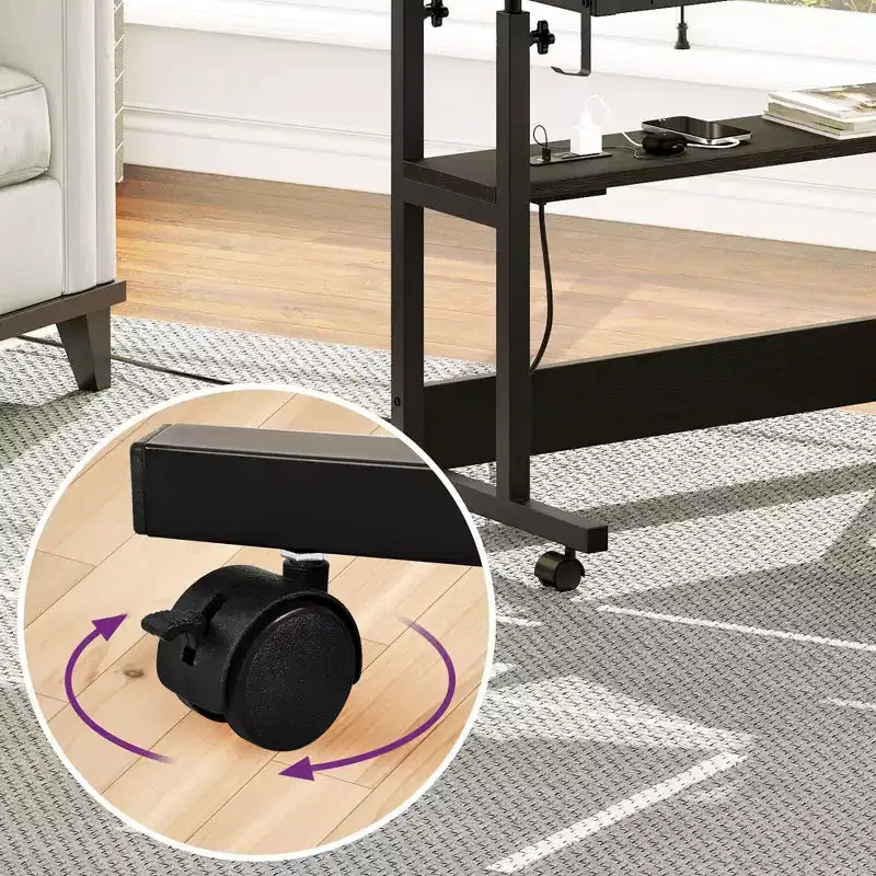 Poste de travail informatique de bureau à domicile, table d'ordinateur portable en bois avec tiroir et étagère, station de charge, bureau roulant réglable en hauteur pour petits espaces