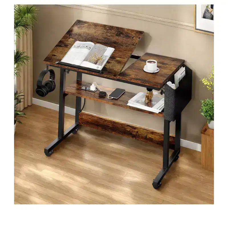 Poste de travail informatique de bureau à domicile, table d'ordinateur portable en bois avec tiroir et étagère, station de charge, bureau roulant réglable en hauteur pour petits espaces