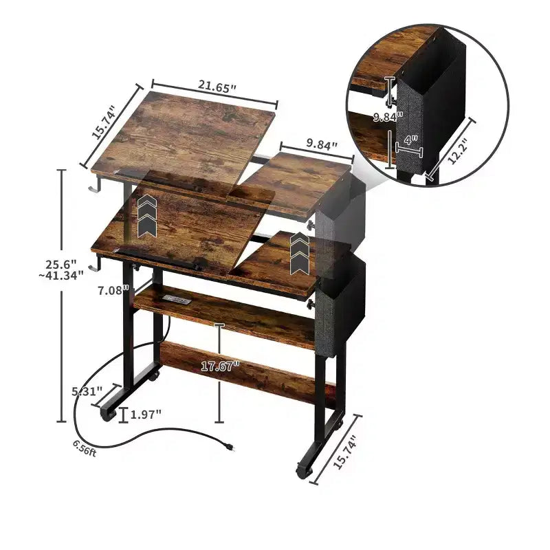 Poste de travail informatique de bureau à domicile, table d'ordinateur portable en bois avec tiroir et étagère, station de charge, bureau roulant réglable en hauteur pour petits espaces