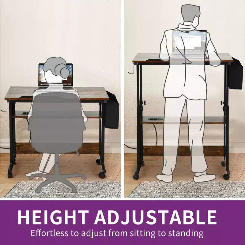 Poste de travail informatique de bureau à domicile, table d'ordinateur portable en bois avec tiroir et étagère, station de charge, bureau roulant réglable en hauteur pour petits espaces