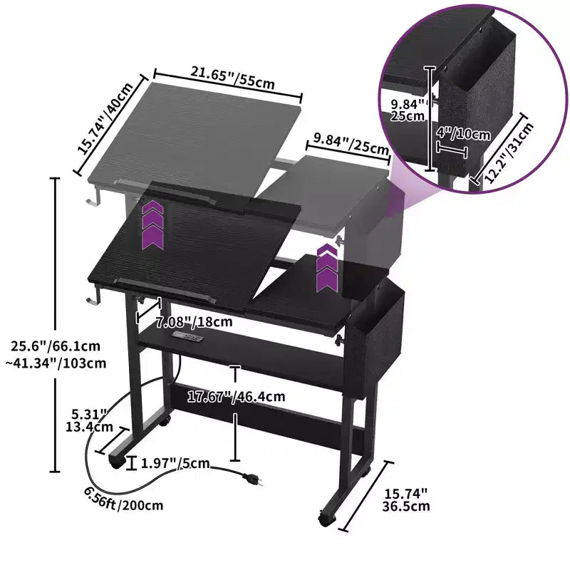 Poste de travail informatique de bureau à domicile, table d'ordinateur portable en bois avec tiroir et étagère, station de charge, bureau roulant réglable en hauteur pour petits espaces