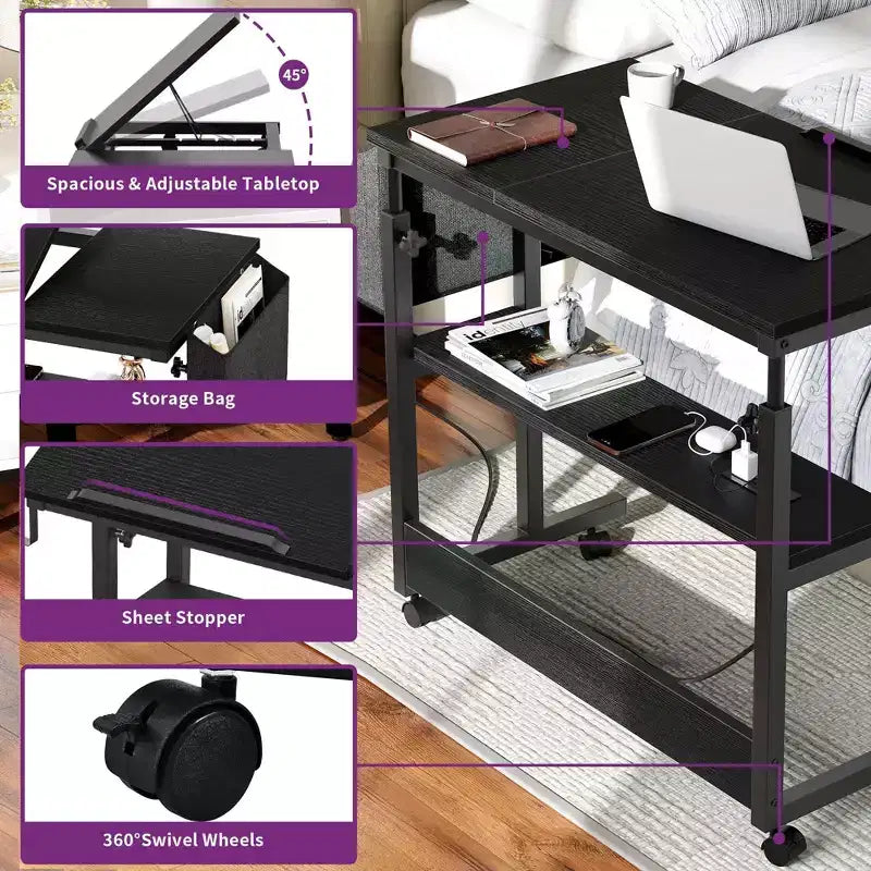 Poste de travail informatique de bureau à domicile, table d'ordinateur portable en bois avec tiroir et étagère, station de charge, bureau roulant réglable en hauteur pour petits espaces
