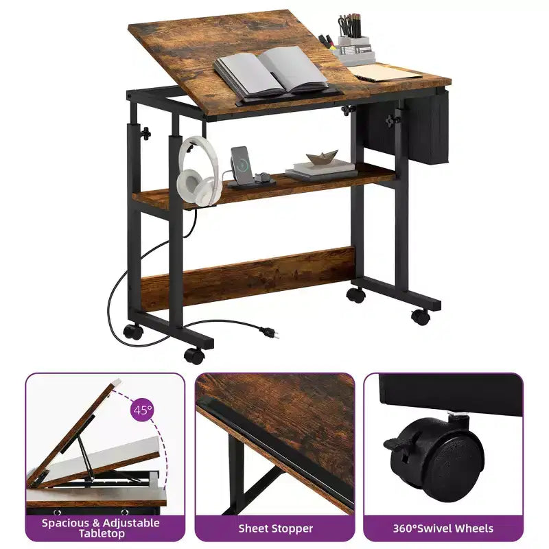 Poste de travail informatique de bureau à domicile, table d'ordinateur portable en bois avec tiroir et étagère, station de charge, bureau roulant réglable en hauteur pour petits espaces