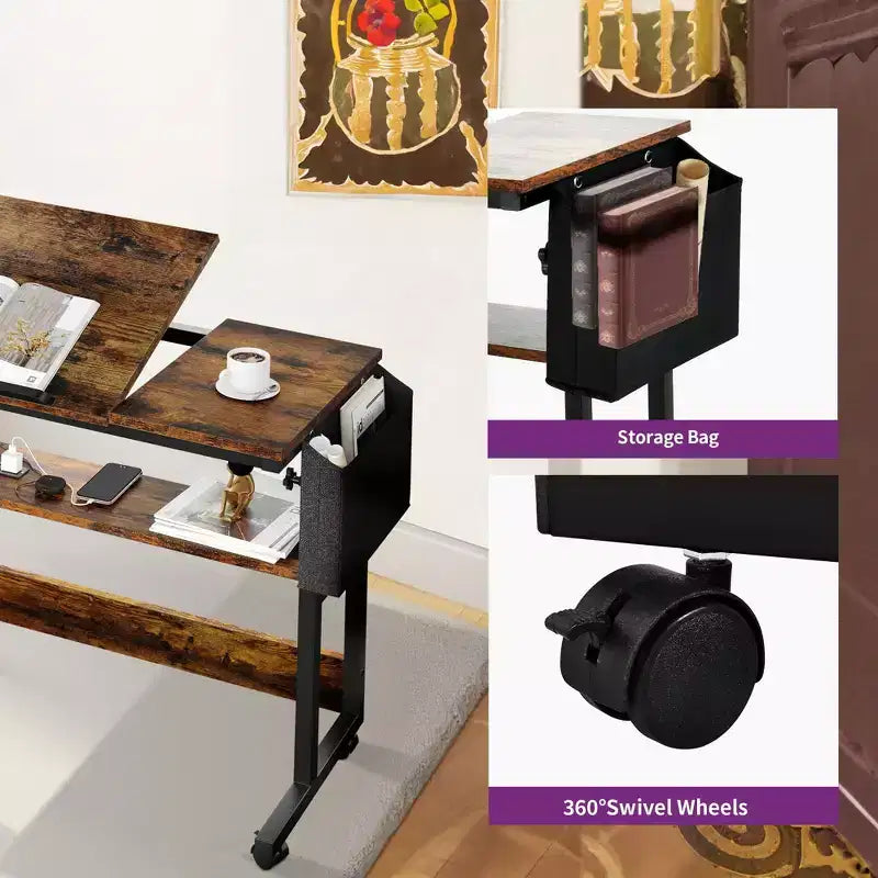 Poste de travail informatique de bureau à domicile, table d'ordinateur portable en bois avec tiroir et étagère, station de charge, bureau roulant réglable en hauteur pour petits espaces