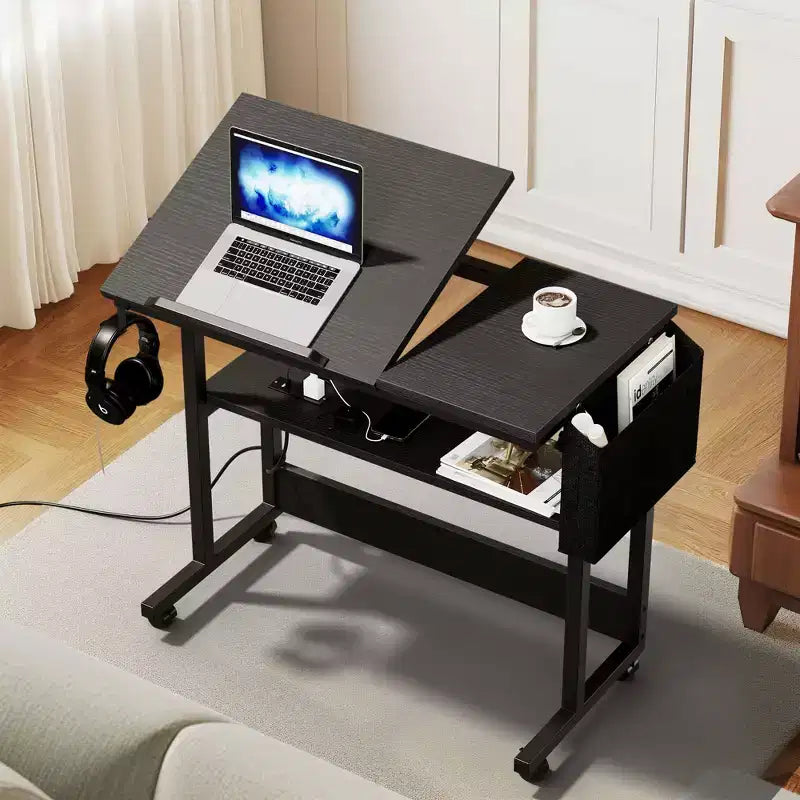 Poste de travail informatique de bureau à domicile, table d'ordinateur portable en bois avec tiroir et étagère, station de charge, bureau roulant réglable en hauteur pour petits espaces