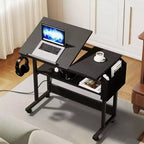 Poste de travail informatique de bureau à domicile, table d'ordinateur portable en bois avec tiroir et étagère, station de charge, bureau roulant réglable en hauteur pour petits espaces