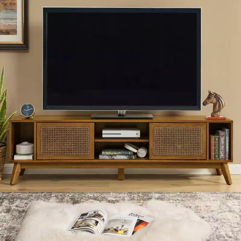 JVNOXK Meuble TV console de 172,5 cm en rotin, style moderne du milieu du siècle, pour téléviseurs jusqu'à 75 pouces ; idéal pour les salons, finition noyer