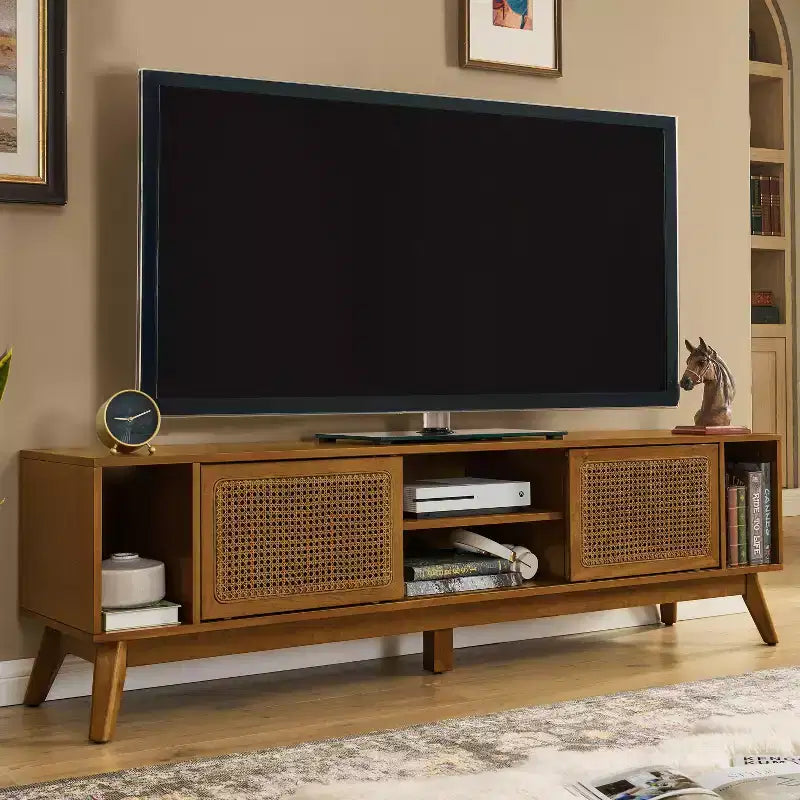 JVNOXK Meuble TV console de 172,5 cm en rotin, style moderne du milieu du siècle, pour téléviseurs jusqu'à 75 pouces ; idéal pour les salons, finition noyer