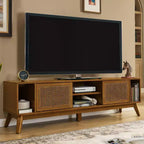 JVNOXK Meuble TV console de 172,5 cm en rotin, style moderne du milieu du siècle, pour téléviseurs jusqu'à 75 pouces ; idéal pour les salons, finition noyer