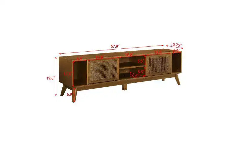 JVNOXK Meuble TV console de 172,5 cm en rotin, style moderne du milieu du siècle, pour téléviseurs jusqu'à 75 pouces ; idéal pour les salons, finition noyer